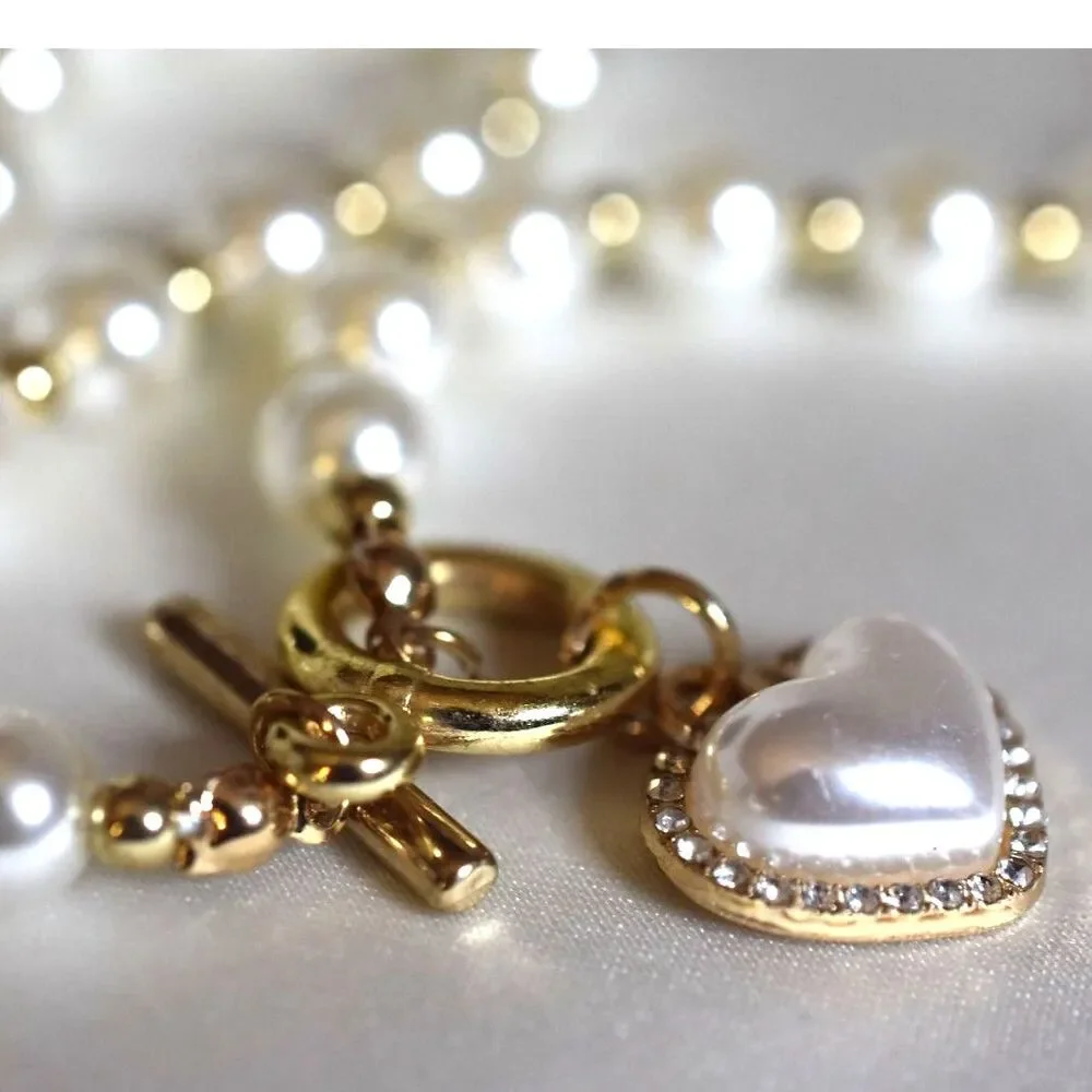 Glamorous Rhinestone Accent Heart Faux Pearl Gold Tone 16